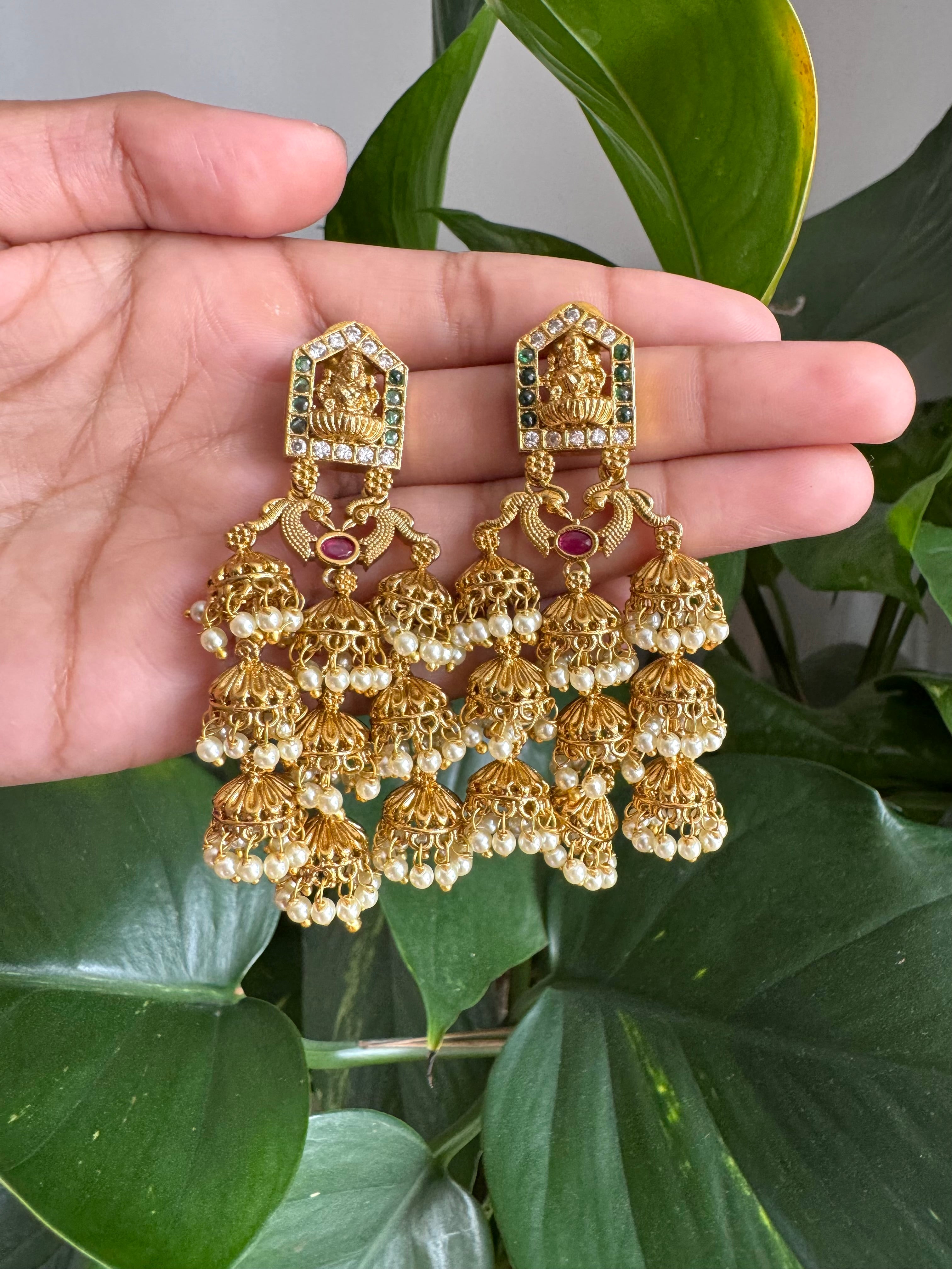 Antique Lakshmi 3-Layer Pearl Jhumka Earrings-AER30102