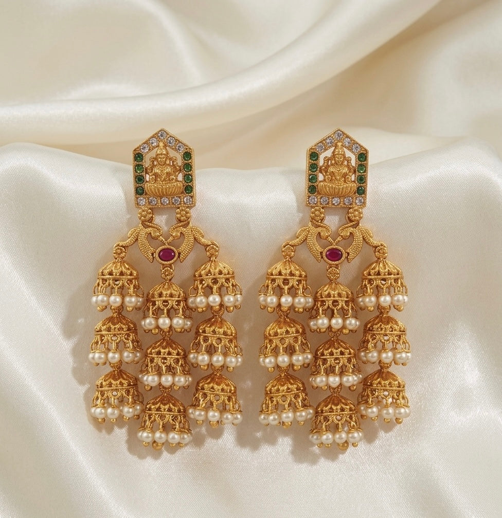 Antique Lakshmi 3-Layer Pearl Jhumka Earrings-AER30102