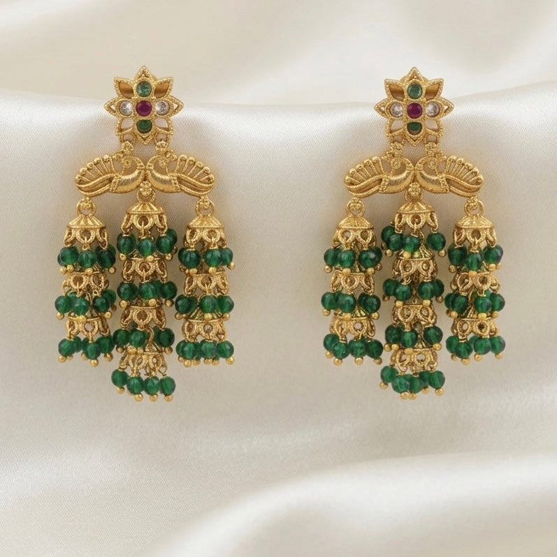 Antique Gold Triple Jhumka Tassel Earrings-AER30105