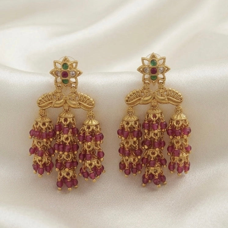 Antique Gold Triple Jhumka Tassel Earrings-AER30105