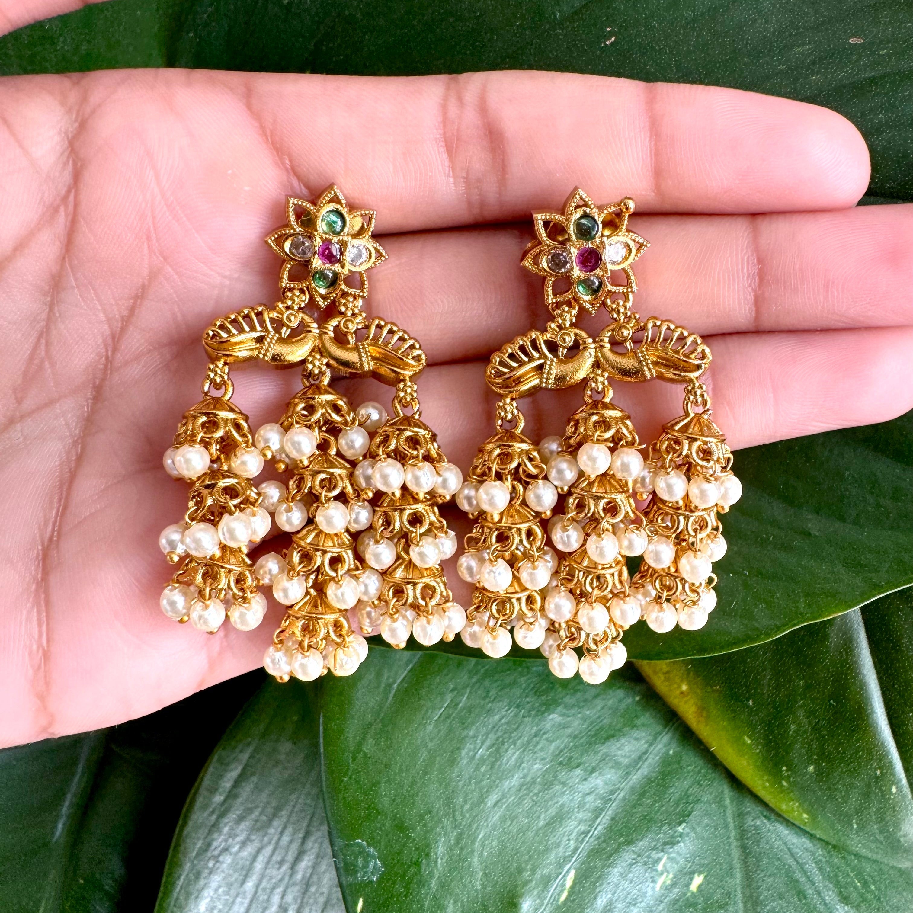 Antique Gold Triple Jhumka Tassel Earrings-AER30105