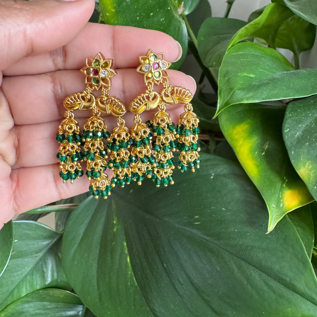 Antique Gold Triple Jhumka Tassel Earrings-AER30105
