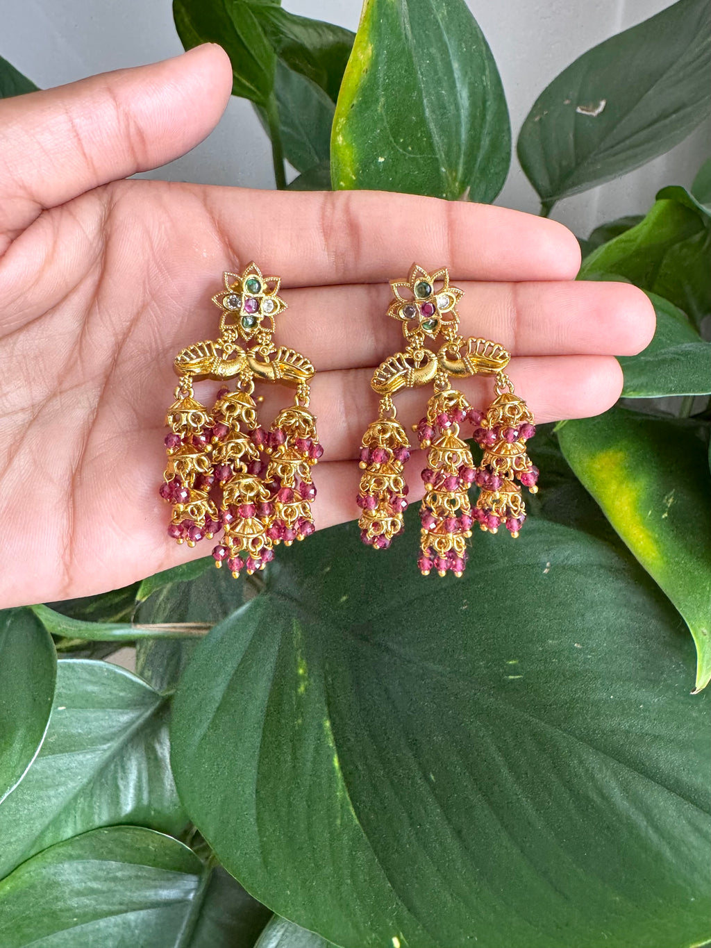 Antique Gold Triple Jhumka Tassel Earrings-AER30105
