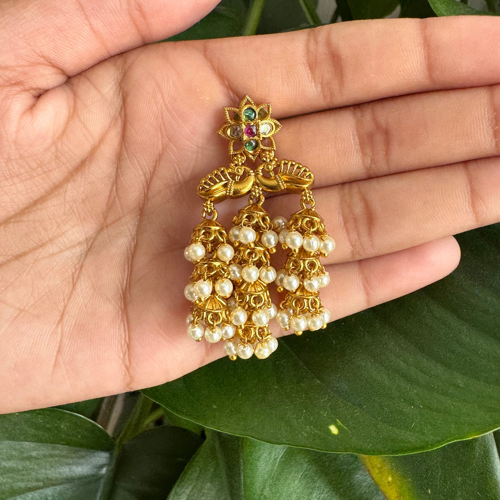 Antique Gold Triple Jhumka Tassel Earrings-AER30105