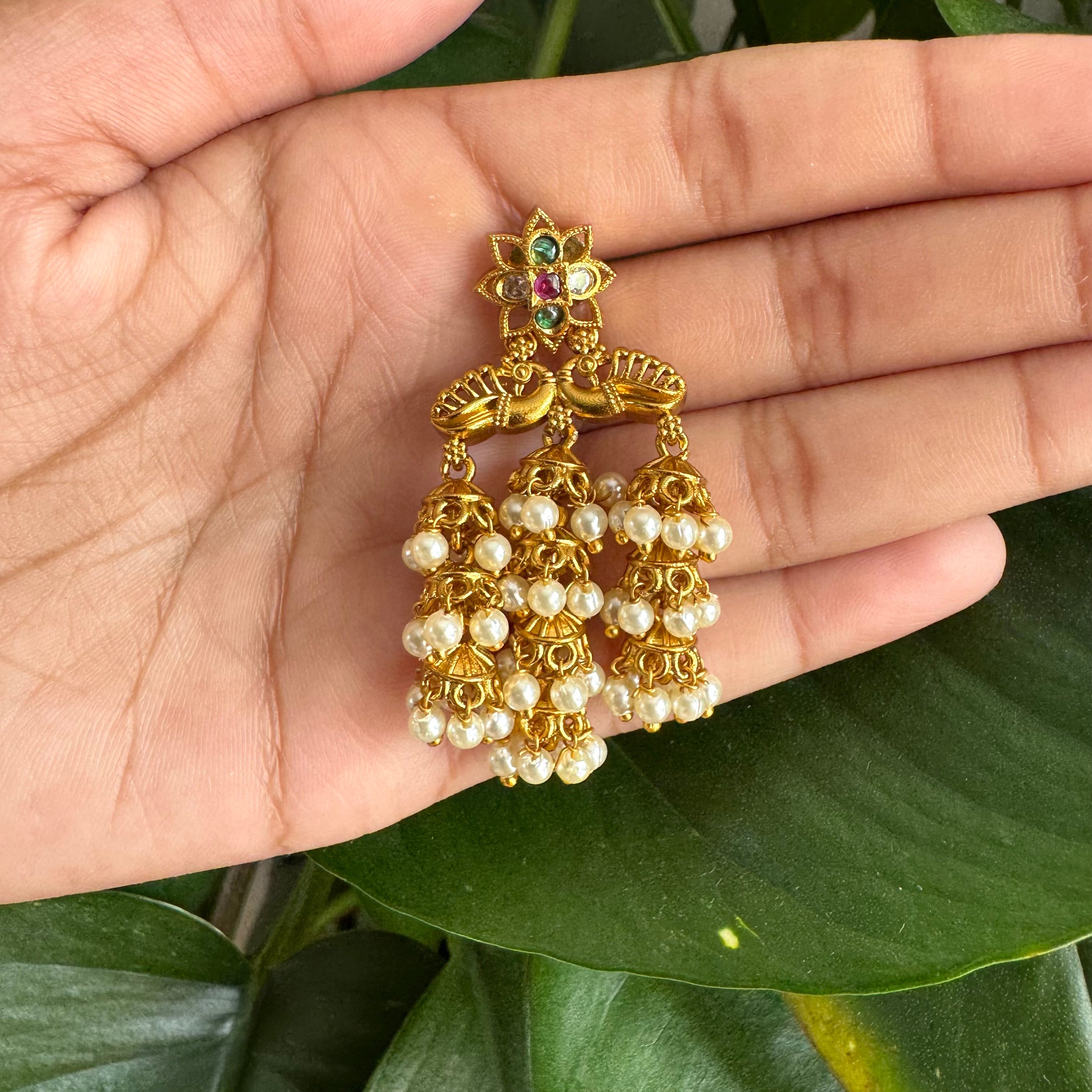 Antique Gold Triple Jhumka Tassel Earrings-AER30105