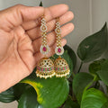 Kundan Polki Jhumka Earrings with Pink Teardrop Drop-AER30106