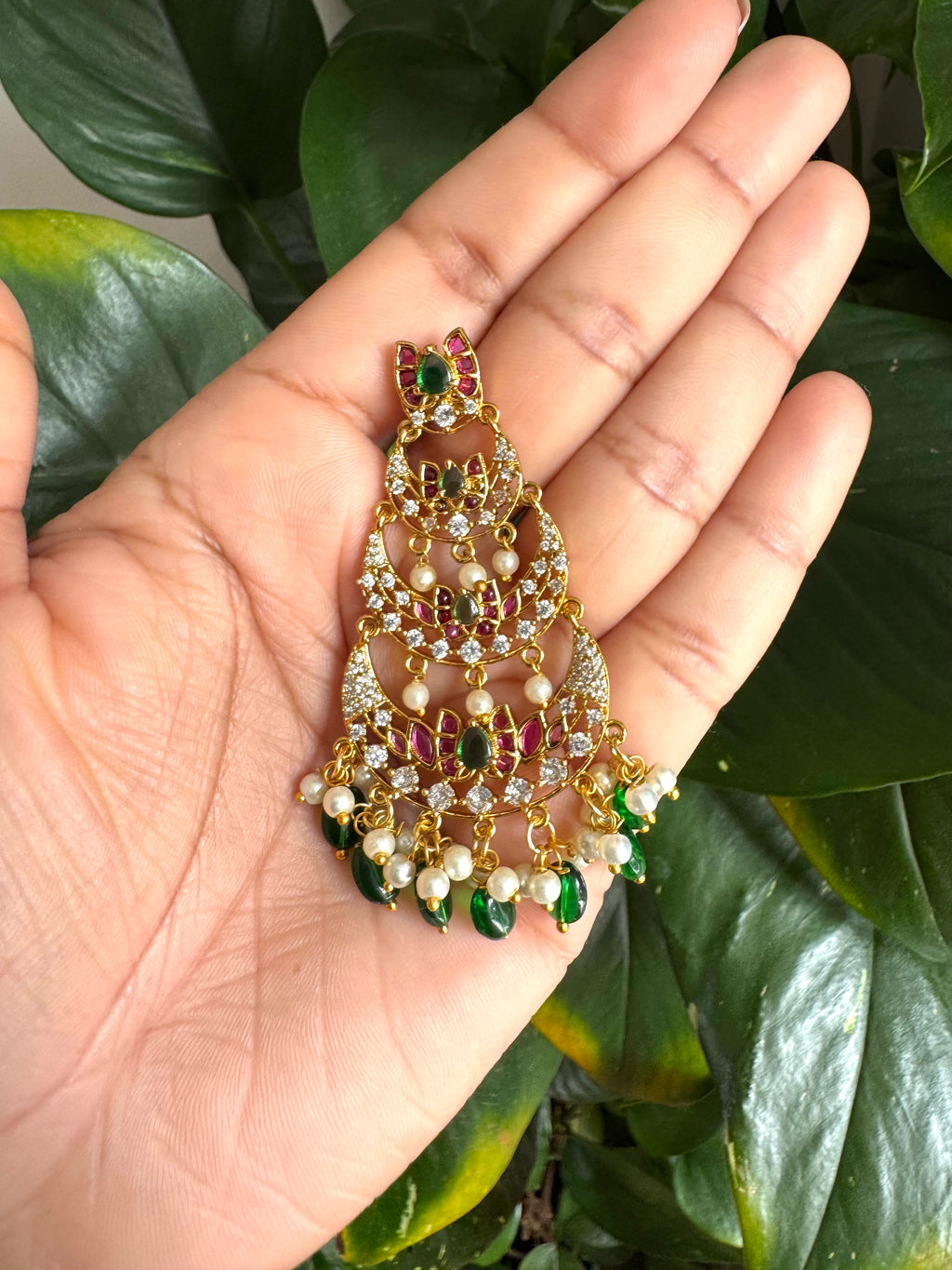 Triple Layer Kundan Chandbali Earrings with Green Drop Accents-AER30107