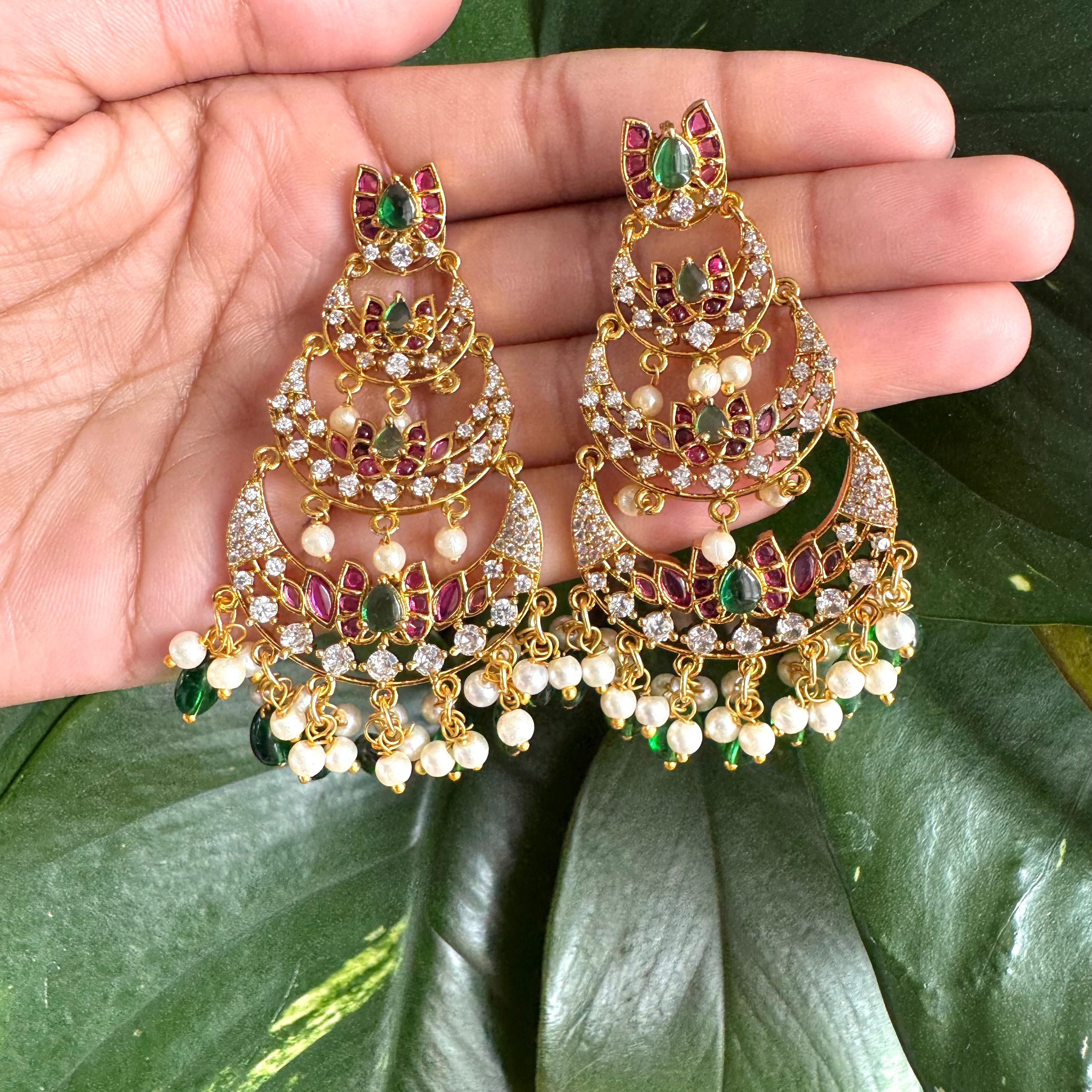 Triple Layer Kundan Chandbali Earrings with Green Drop Accents-AER30107