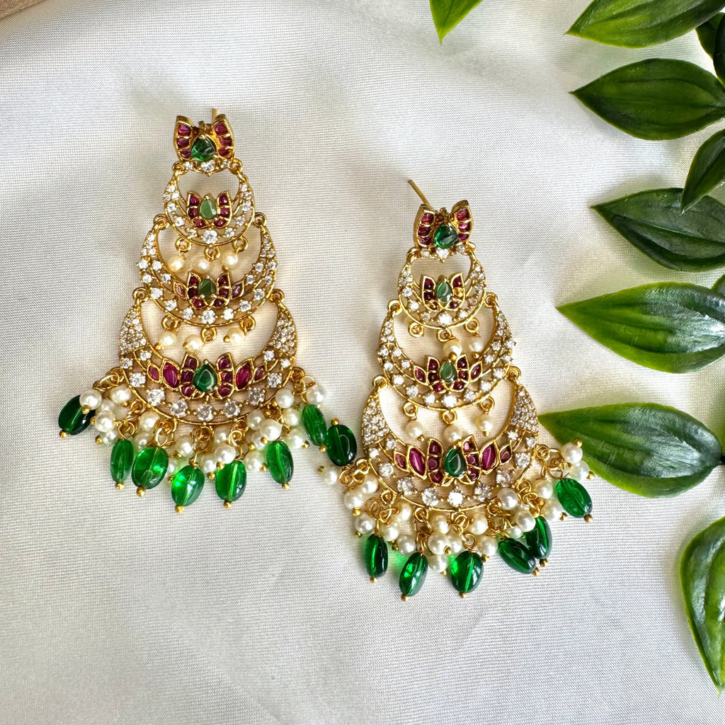 Triple Layer Kundan Chandbali Earrings with Green Drop Accents-AER30107
