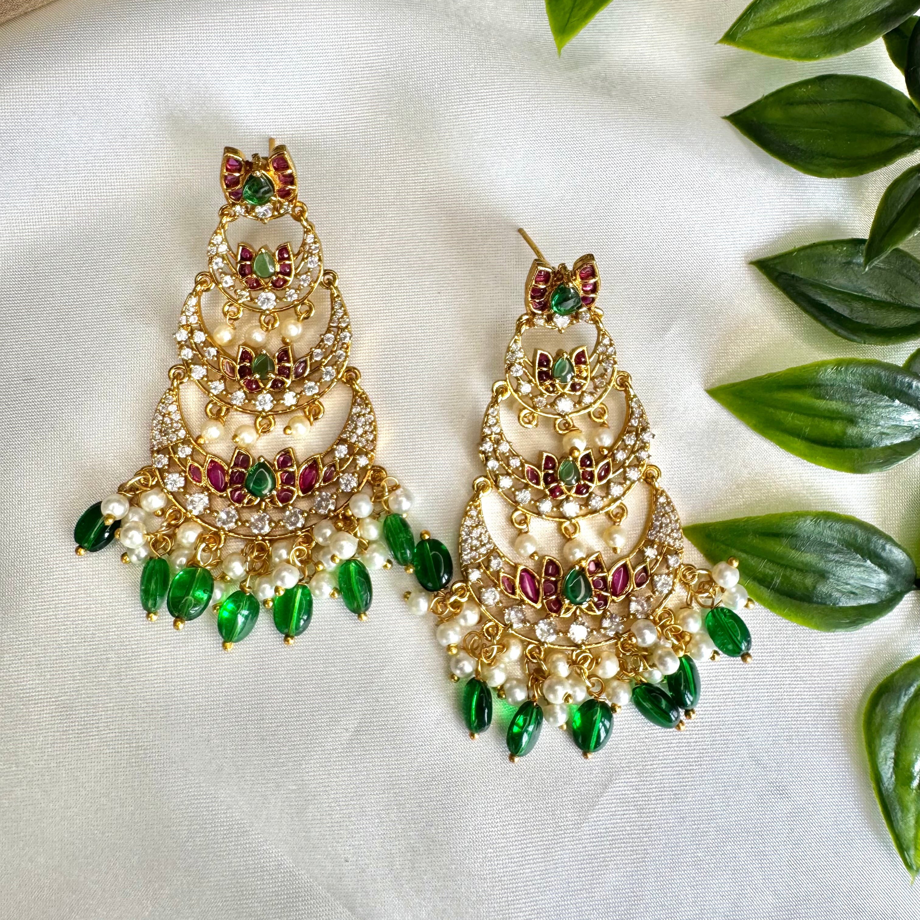 Triple Layer Kundan Chandbali Earrings with Green Drop Accents-AER30107