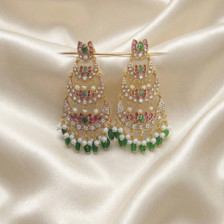 Triple Layer Kundan Chandbali Earrings with Green Drop Accents-AER30107