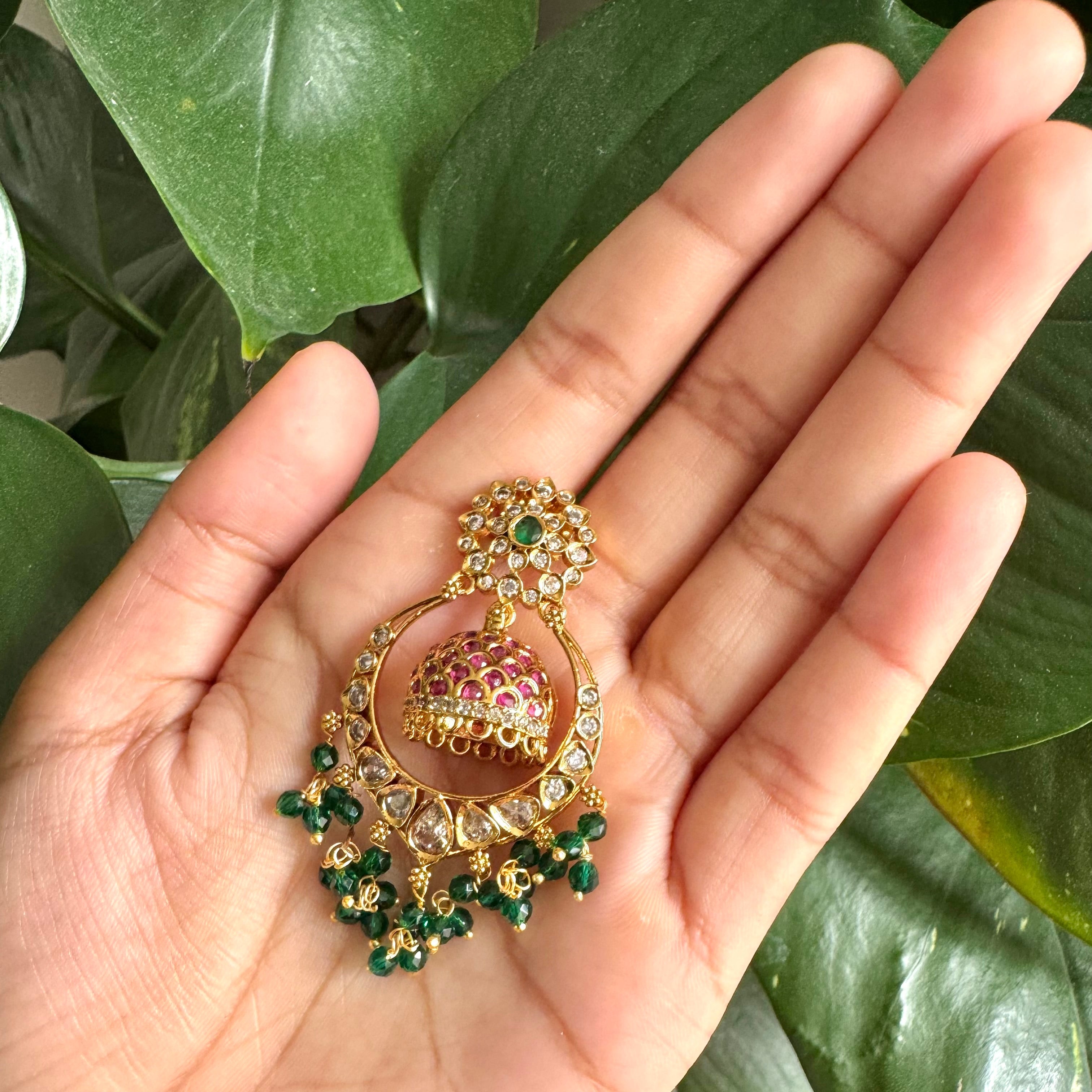 Emerald Kundan Jhumka Earrings with Ruby Dome & Pearl Fringe-AER30110