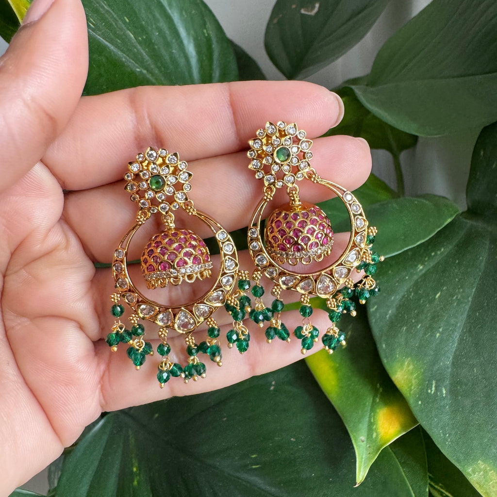 Emerald Kundan Jhumka Earrings with Ruby Dome & Pearl Fringe-AER30110