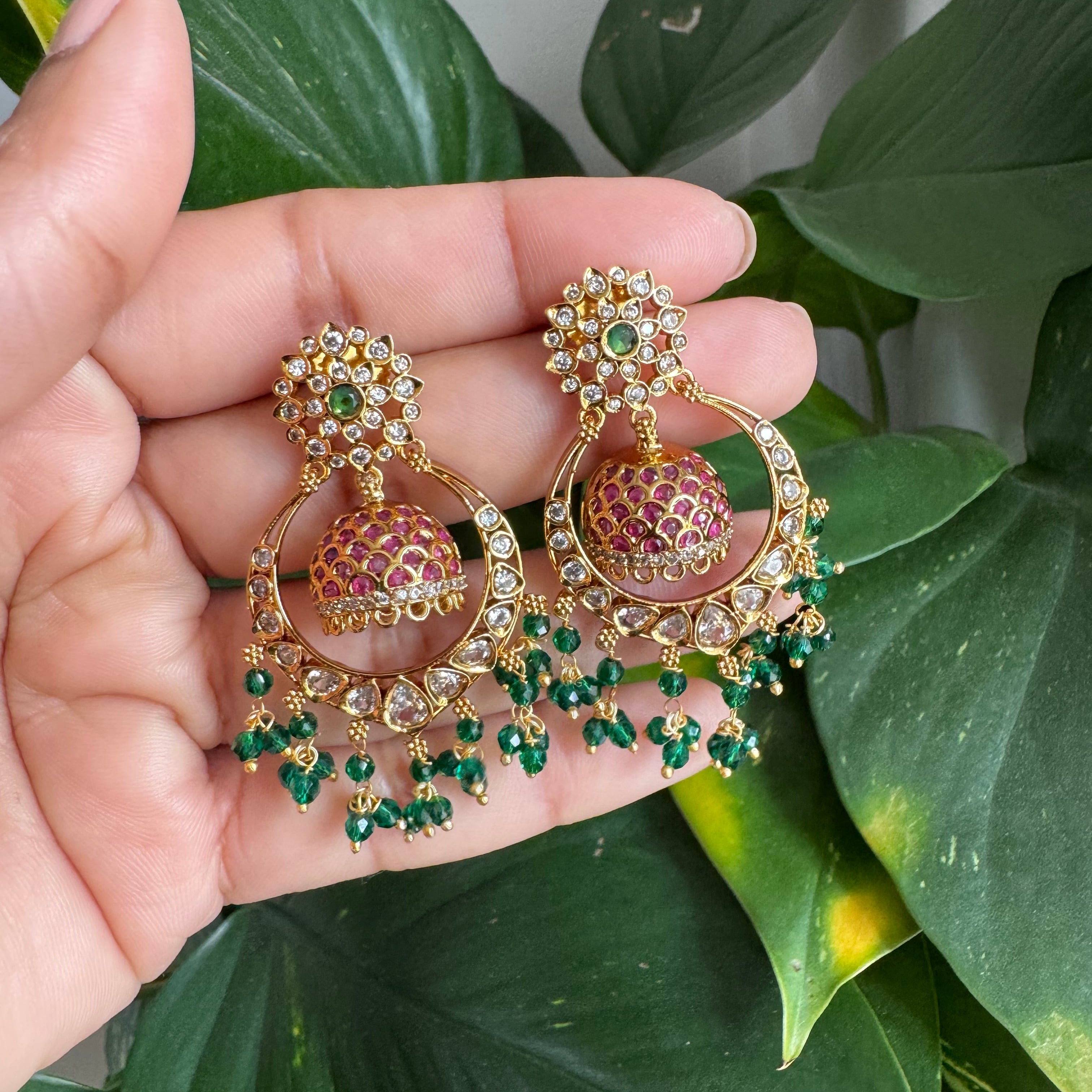 Emerald Kundan Jhumka Earrings with Ruby Dome & Pearl Fringe-AER30110