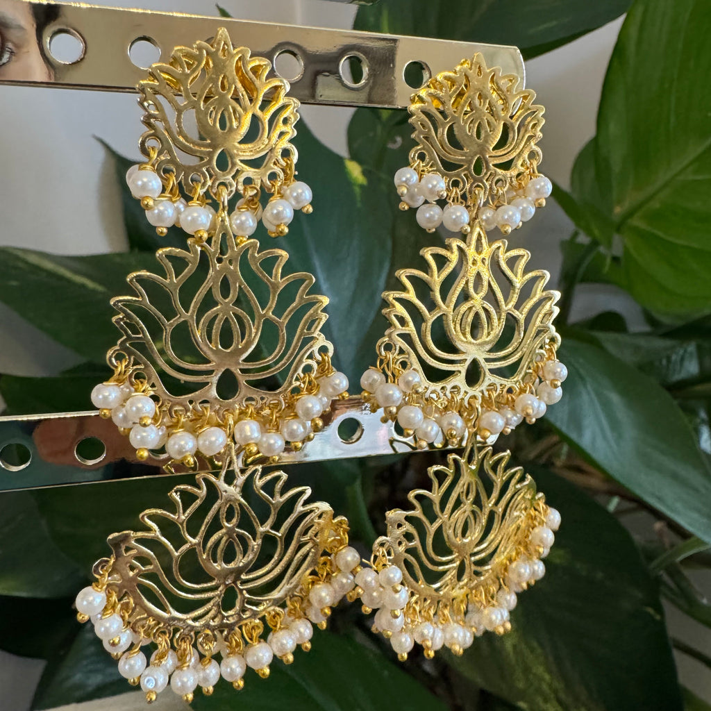 3 layer Lotus Filigree Earrings with Pearl Fringe-AER30111