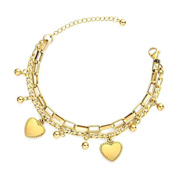 Gold bracelet with heart charms on a white background