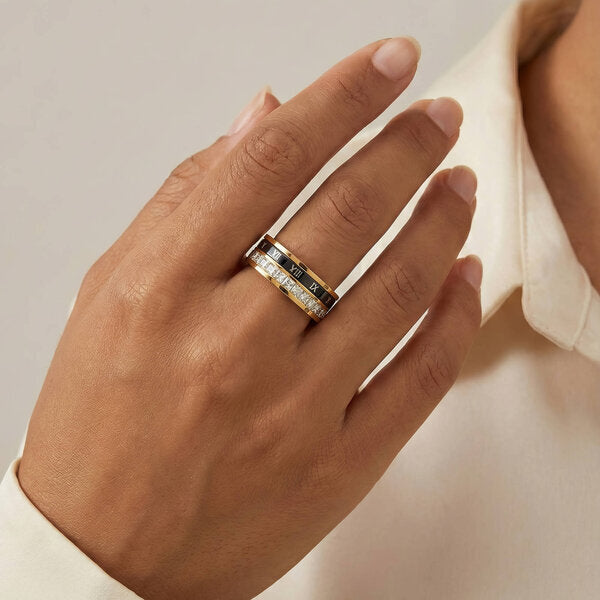 18K Gold Plated Ring with Stones and Roman Numerals