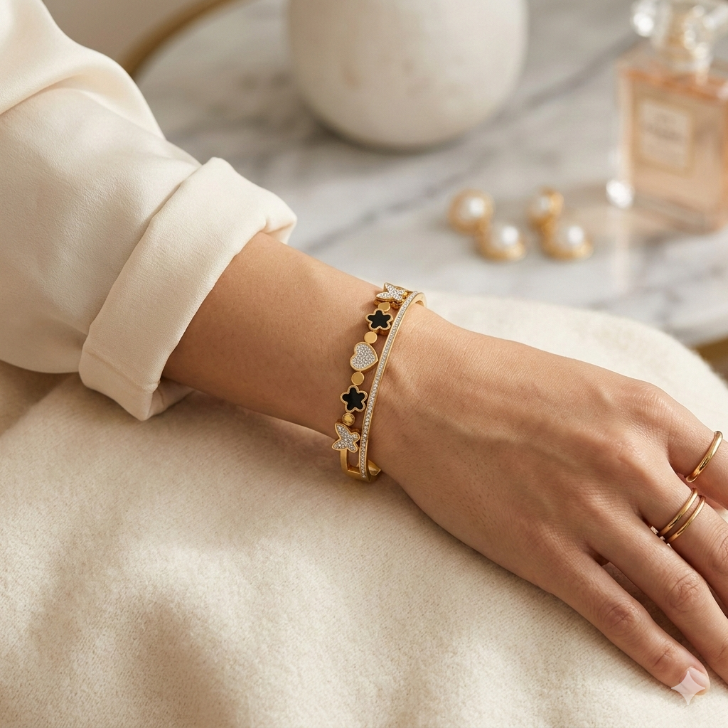 18K Gold Plated Clover Bracelet with stone layer