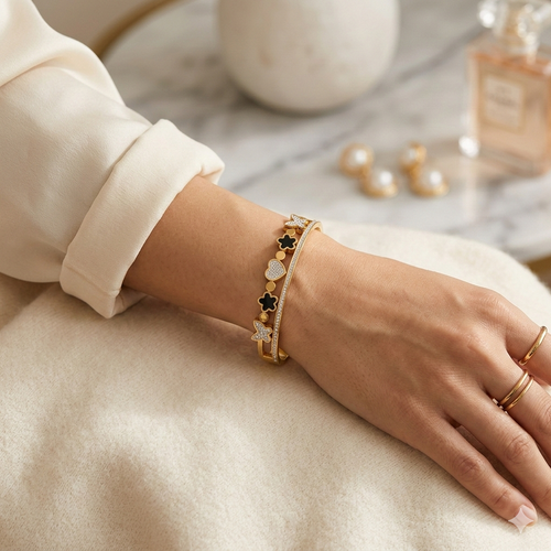 18K Gold Plated Clover Bracelet with stone layer